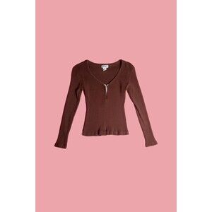 1990s JUST IN TIME Ribbed Long Sleeve Blouse W/Adjustable & Exposed Zipper. XS-S